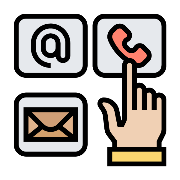 Phone icon, mail icon, and email @ icon with finger pointing to phone